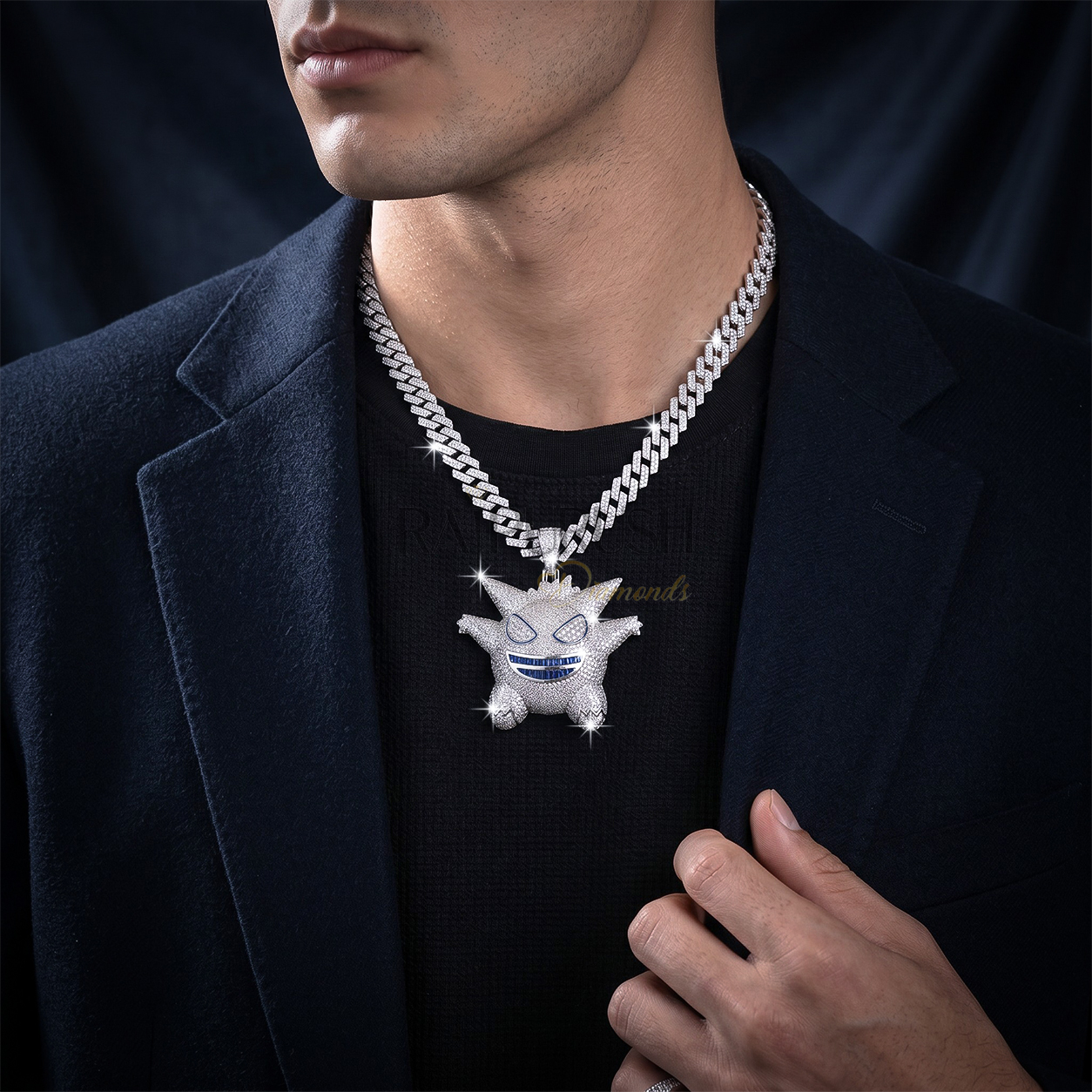 Iced out Gengar character hip hop pendant covered in shimmering moissanite stones set in high-quality silver.