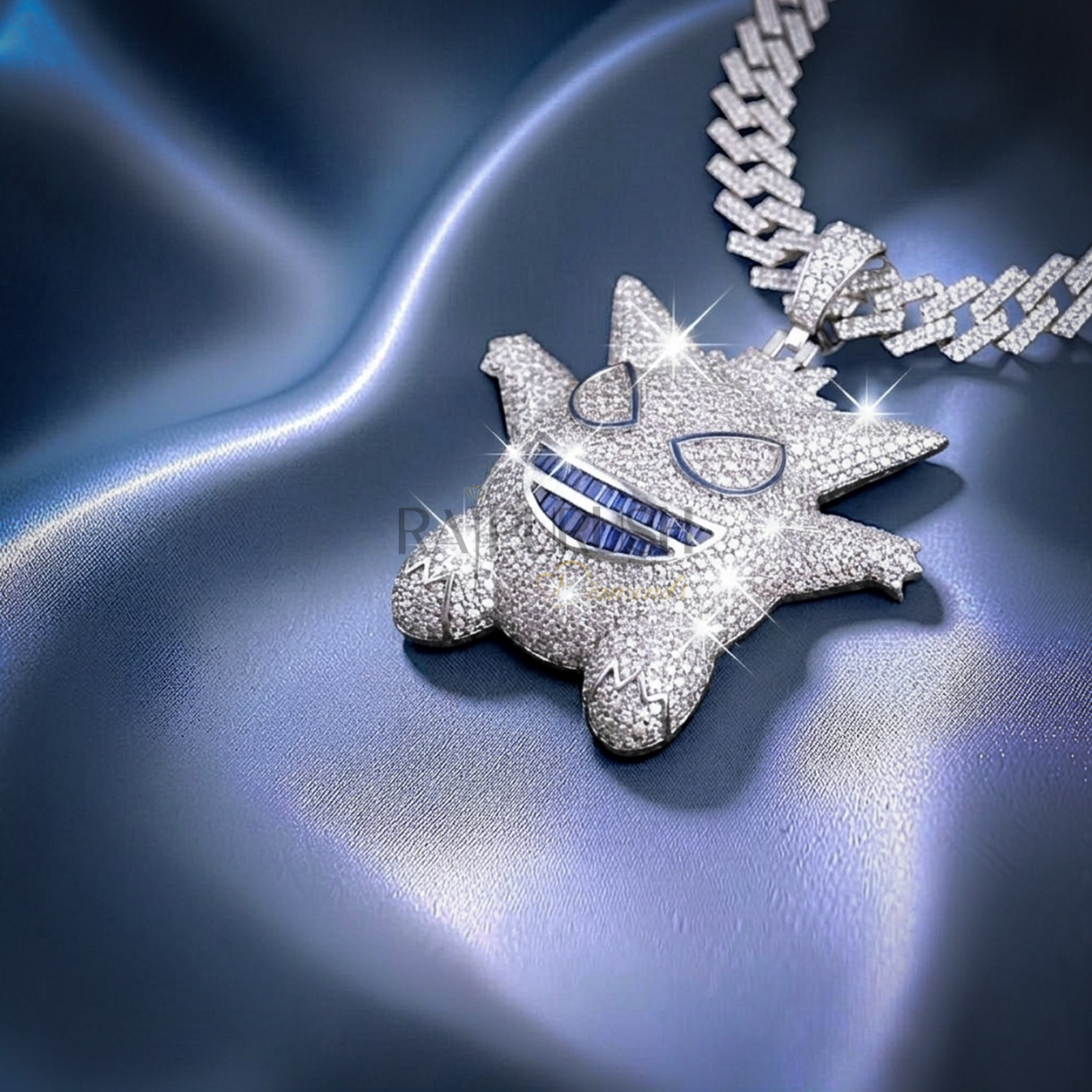 Iced out Gengar character hip hop pendant covered in shimmering moissanite stones set in high-quality silver.