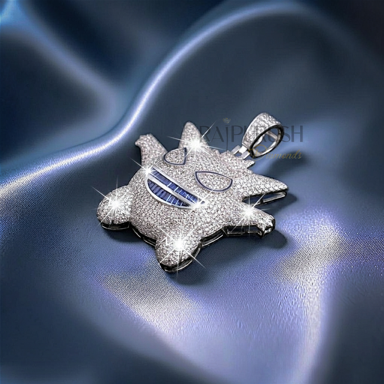 Iced out Gengar character hip hop pendant covered in shimmering moissanite stones set in high-quality silver.
