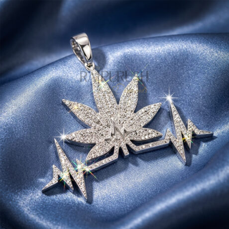 A premium iced out moissanite pendant featuring a leaf and heartbeat design in sterling silver
