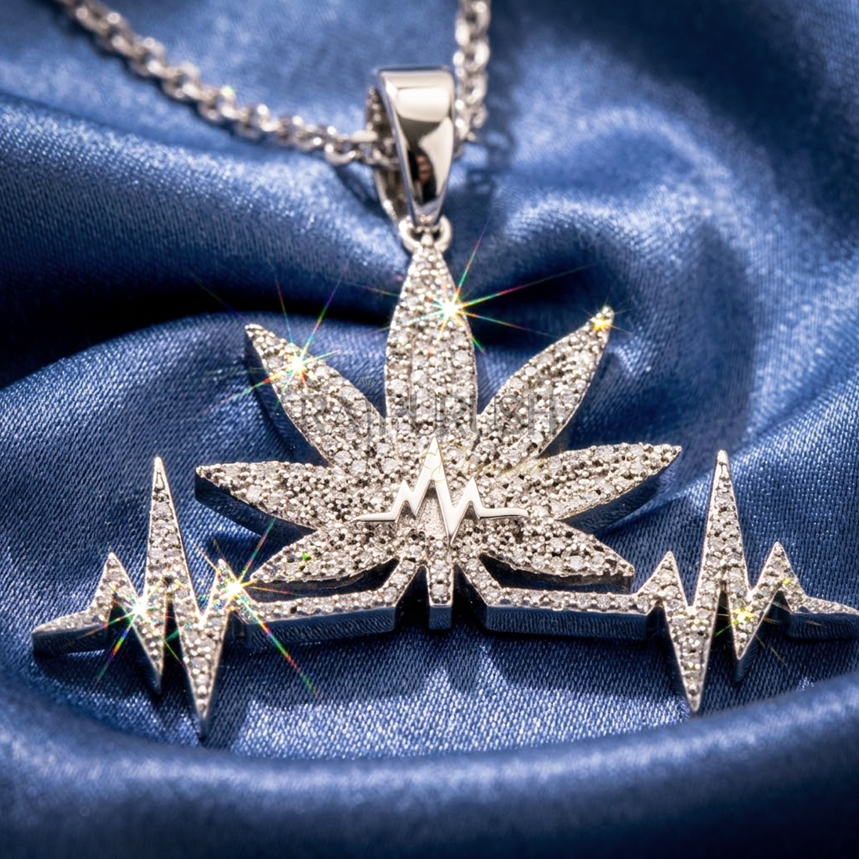 A premium iced out moissanite pendant featuring a leaf and heartbeat design in sterling silver