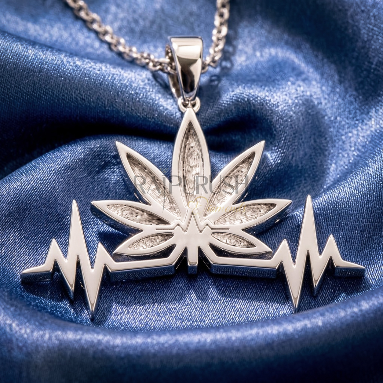 A premium iced out moissanite pendant featuring a leaf and heartbeat design in sterling silver