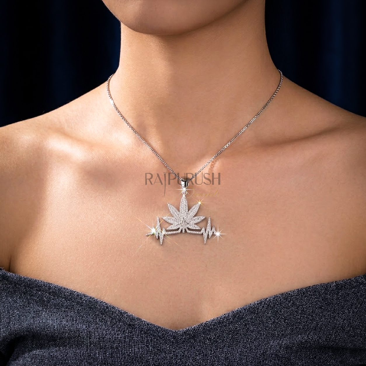 A premium iced out moissanite pendant featuring a leaf and heartbeat design in sterling silver