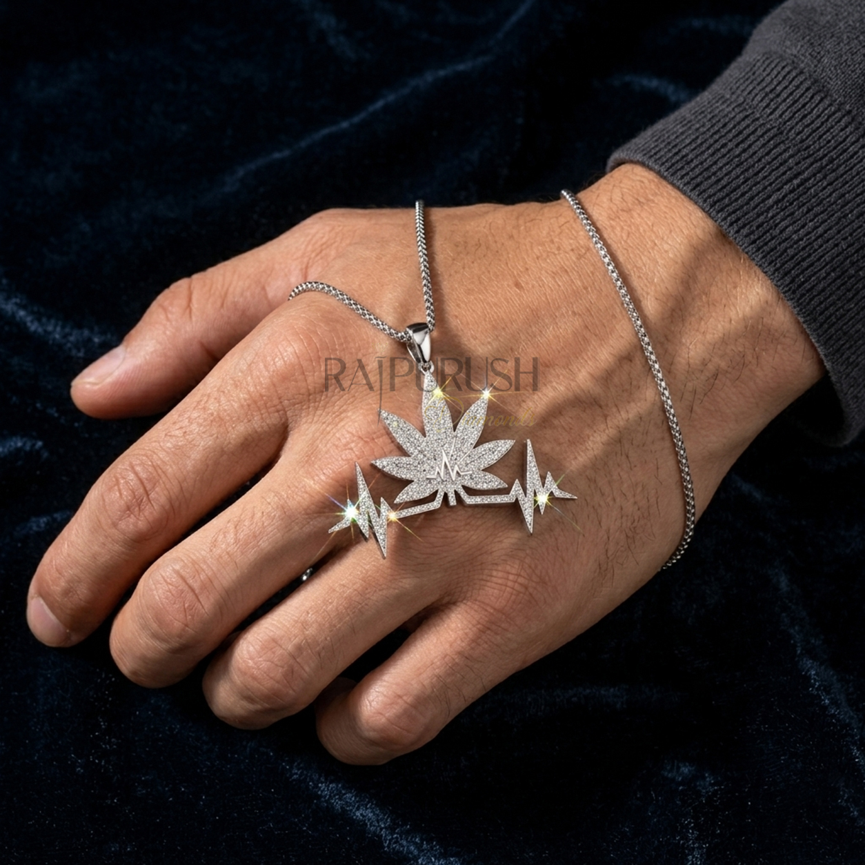 A premium iced out moissanite pendant featuring a leaf and heartbeat design in sterling silver