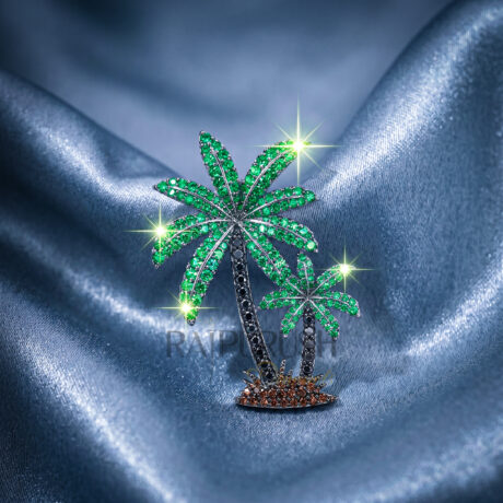 Luxury iced out palm tree pendant featuring vibrant green stones and rhodium-plated silver