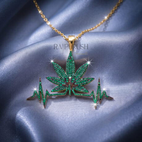 a heartbeat-shaped pendant featuring a green emerald leaf motif, crafted in 925 sterling silver Gold Plating with sparkling round diamond accents.