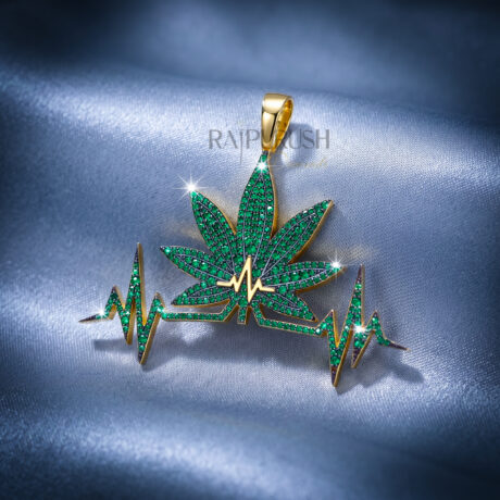 a heartbeat-shaped pendant featuring a green emerald leaf motif, crafted in 925 sterling silver Gold Plating with sparkling round diamond accents.