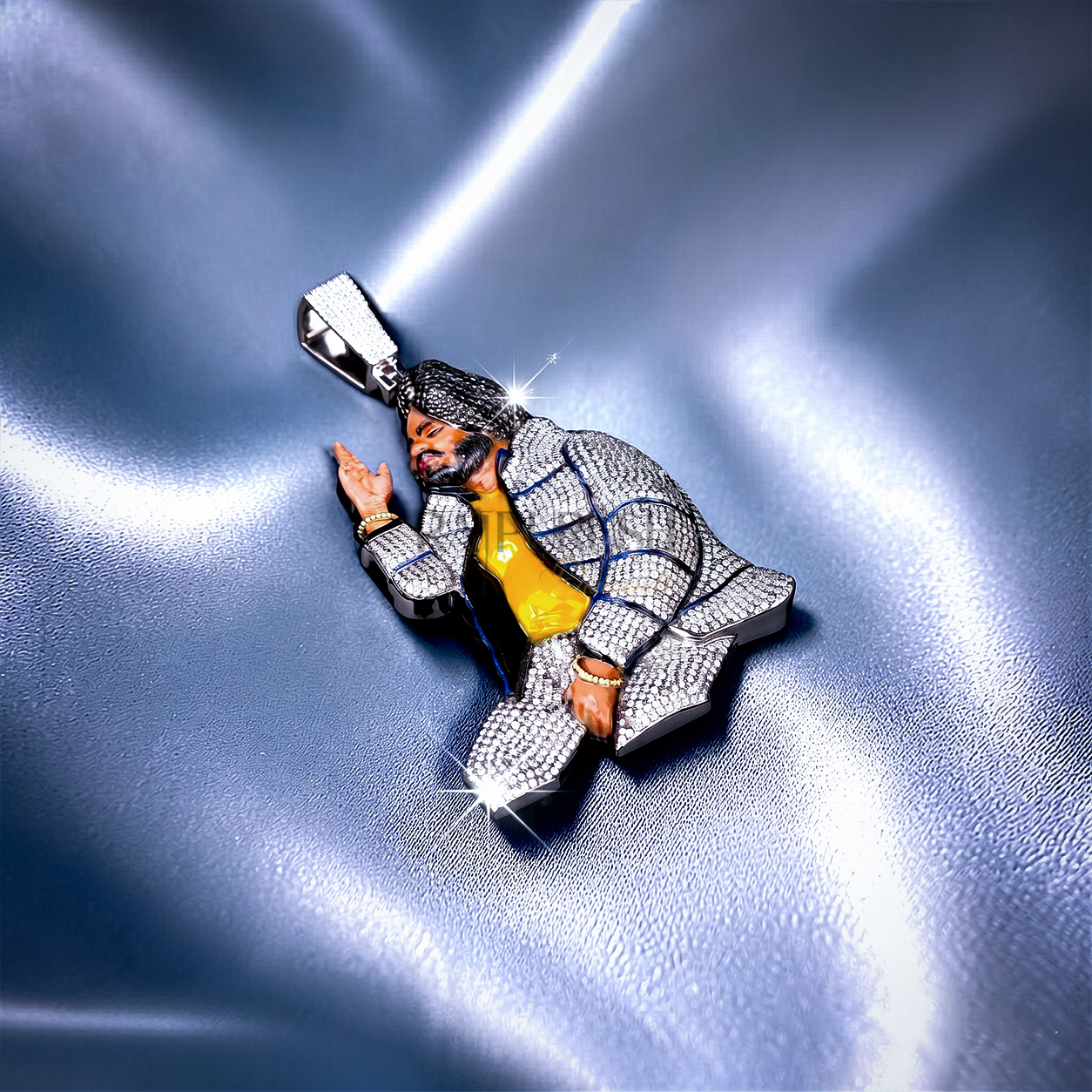 Fully iced out custom Sidhu Moose Wala portrait charm pendant crafted in S925 sterling silver with VVS moissanite diamonds and yellow enamel jacket accent.