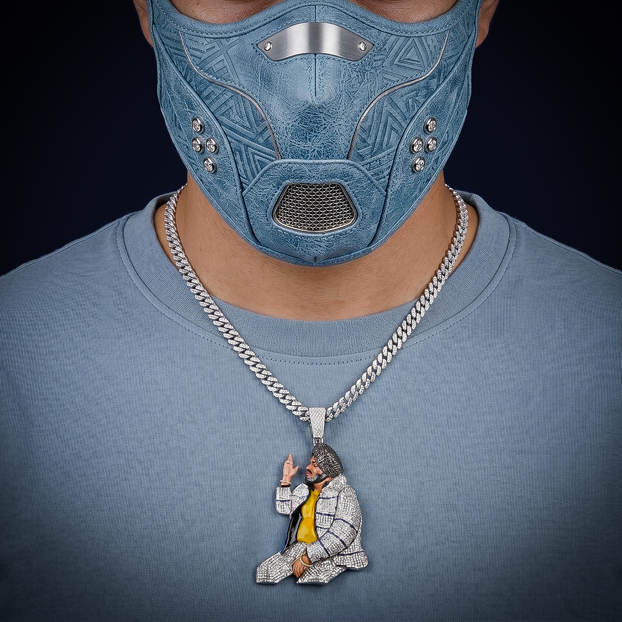 Fully iced out custom Sidhu Moose Wala portrait charm pendant crafted in S925 sterling silver with VVS moissanite diamonds and yellow enamel jacket accent