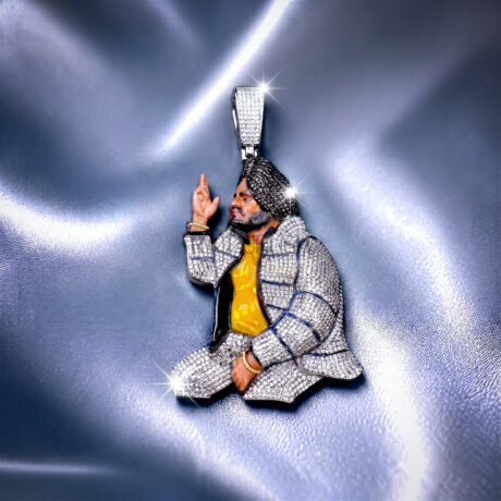 Fully iced out custom Sidhu Moose Wala portrait charm pendant crafted in S925 sterling silver with VVS moissanite diamonds and yellow enamel jacket accent.