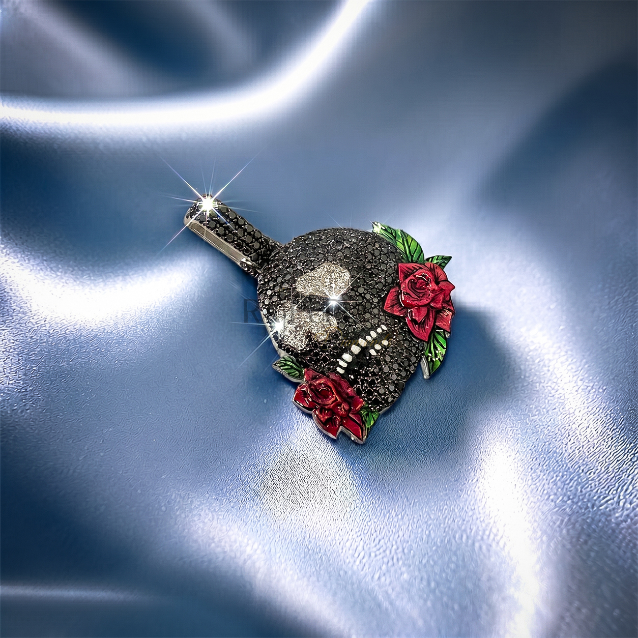 Heavily iced out hip hop skull pendant fully flooded with sparkling moissanite stones set in premium 925 sterling silver on blue silk.