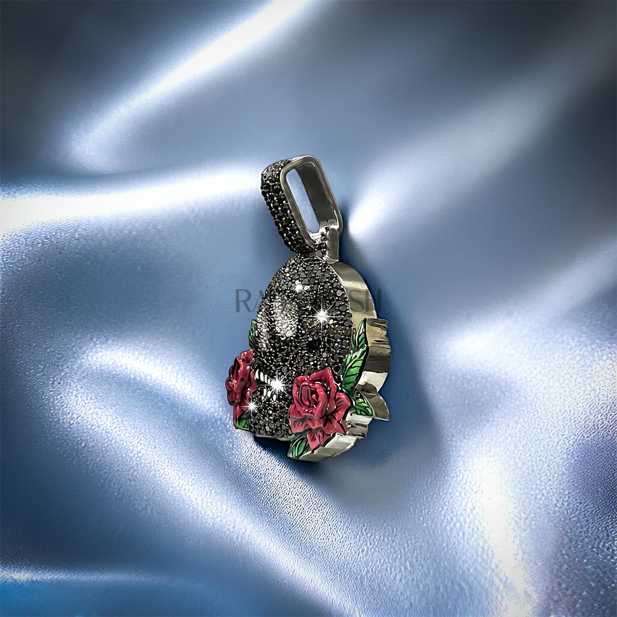Heavily iced out hip hop skull pendant fully flooded with sparkling moissanite stones set in premium 925 sterling silver on blue silk.