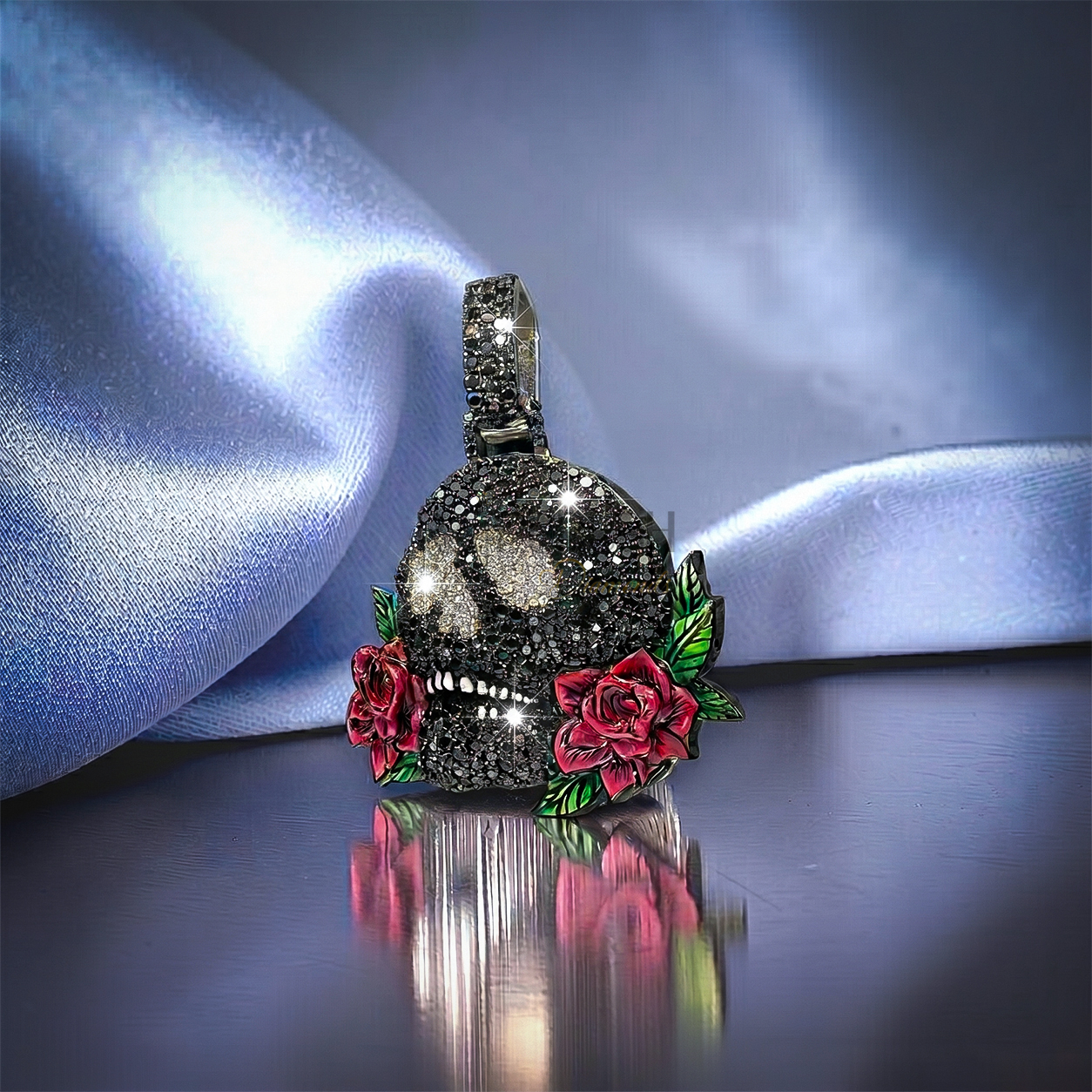 Heavily iced out hip hop skull pendant fully flooded with sparkling moissanite stones set in premium 925 sterling silver on blue silk.