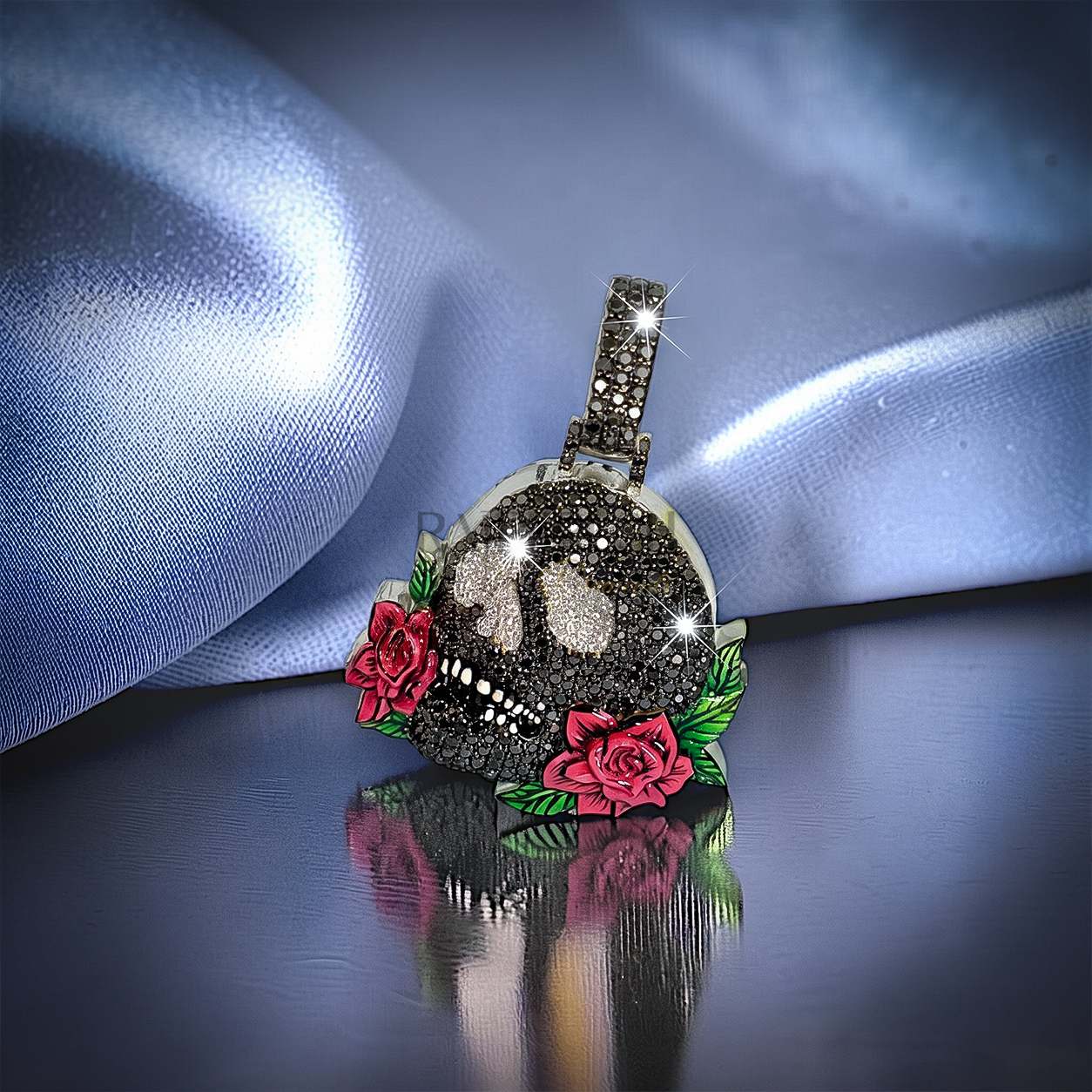 Heavily iced out hip hop skull pendant fully flooded with sparkling moissanite stones set in premium 925 sterling silver on blue silk.