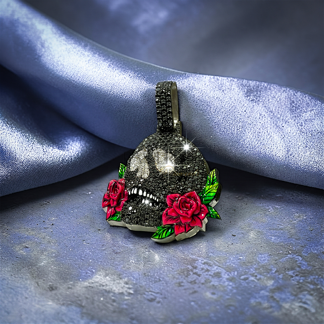 Heavily iced out hip hop skull pendant fully flooded with sparkling moissanite stones set in premium 925 sterling silver on blue silk.