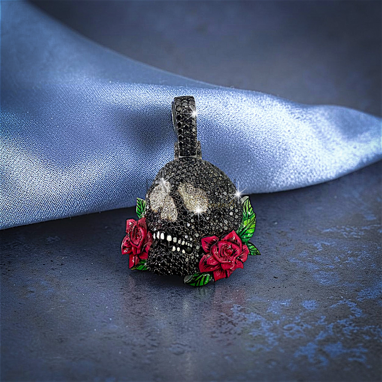 Heavily iced out hip hop skull pendant fully flooded with sparkling moissanite stones set in premium 925 sterling silver on blue silk.