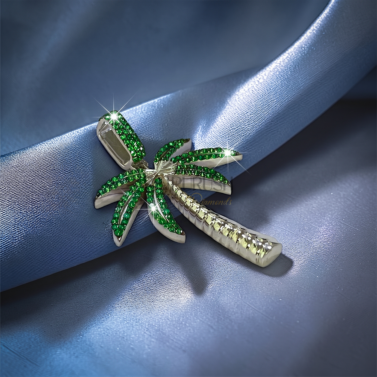 hip hop palm tree pendant fully iced out with white moissanite on the trunk and vibrant green moissanite stones on the leaves in 925 sterling silver.
