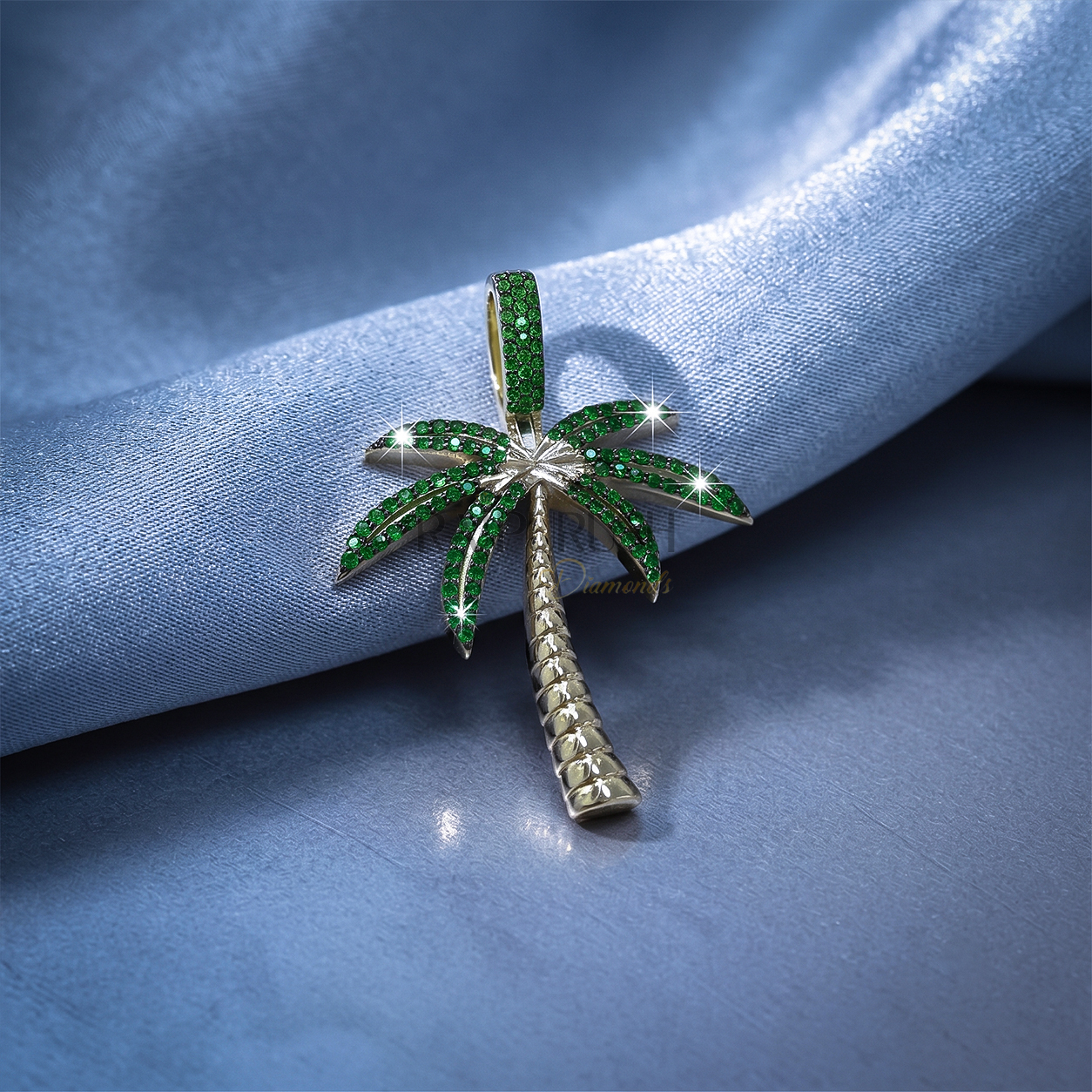 hip hop palm tree pendant fully iced out with white moissanite on the trunk and vibrant green moissanite stones on the leaves in 925 sterling silver.