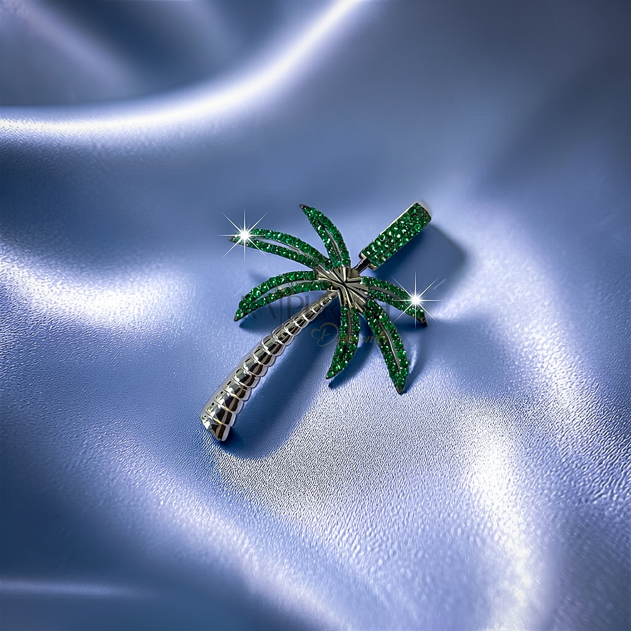 hip hop palm tree pendant fully iced out with white moissanite on the trunk and vibrant green moissanite stones on the leaves in 925 sterling silver.