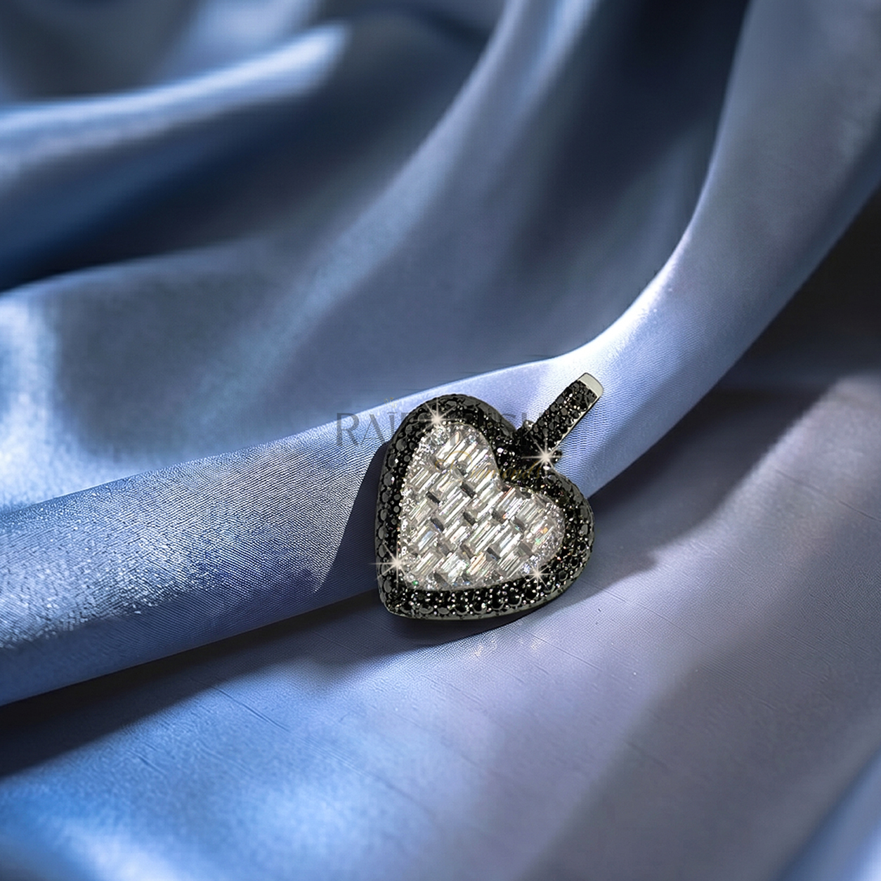 Bold iced-out heart pendant in 925 sterling silver featuring a center of seamless mosaic baguette diamonds bordered by a frame of black round moissanite stones.