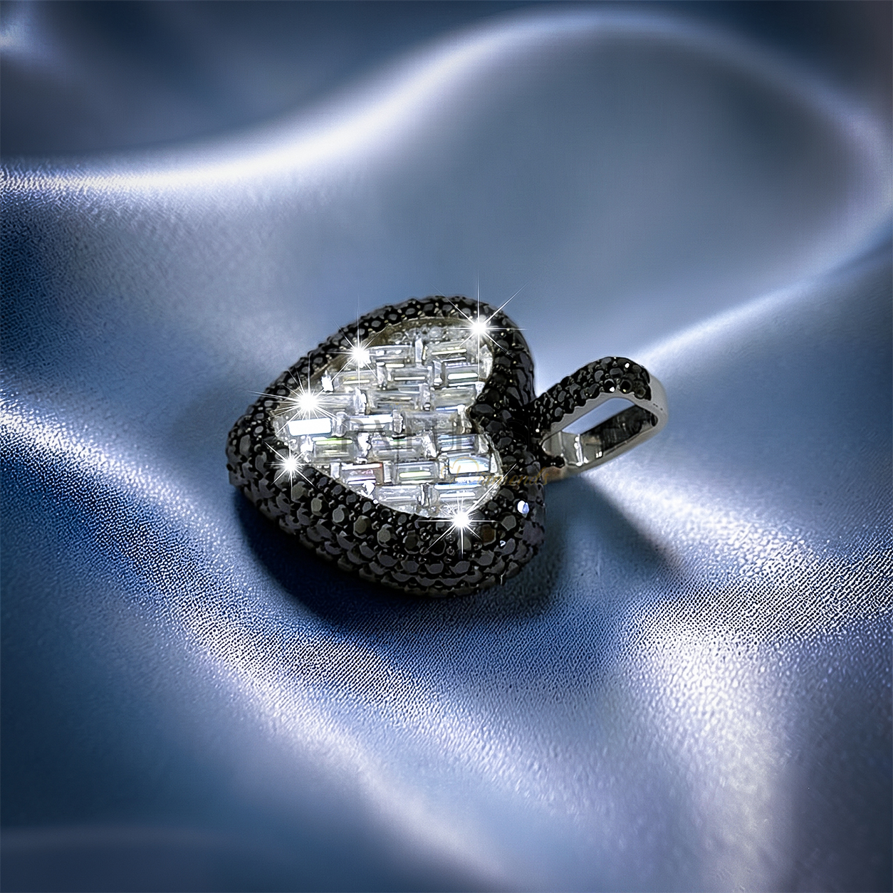 Bold iced-out heart pendant in 925 sterling silver featuring a center of seamless mosaic baguette diamonds bordered by a frame of black round moissanite stones.