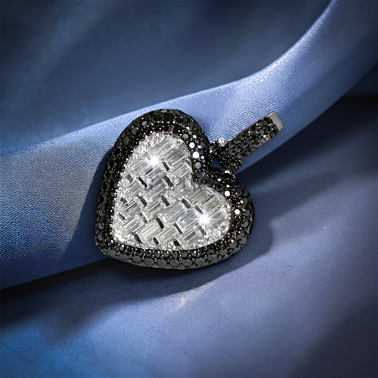 Bold iced-out heart pendant in 925 sterling silver featuring a center of seamless mosaic baguette diamonds bordered by a frame of black round moissanite stones.