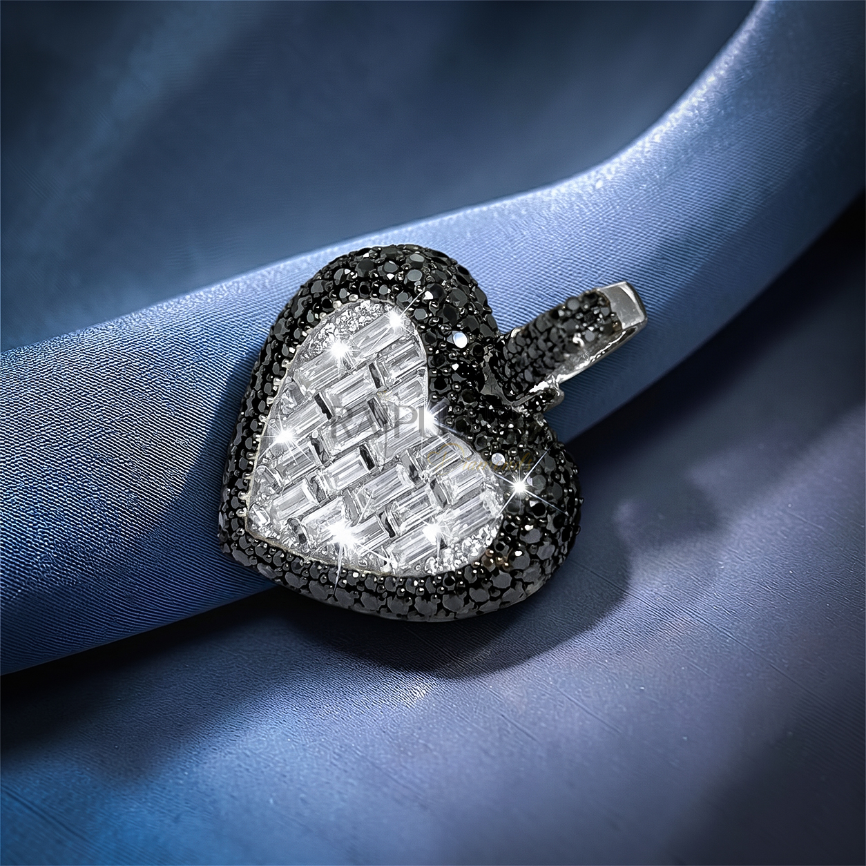 Bold iced-out heart pendant in 925 sterling silver featuring a center of seamless mosaic baguette diamonds bordered by a frame of black round moissanite stones.