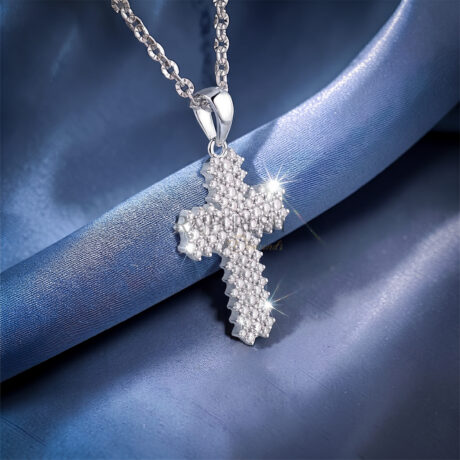 Fully iced-out multi-row cross pendant crafted in 925 sterling silver, packed with brilliant round moissanite diamonds on a high-polish tapered bail.