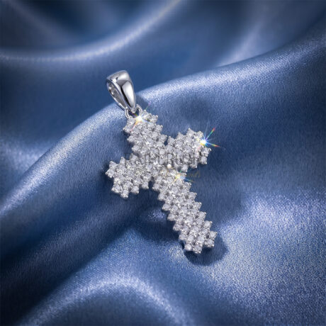 Fully iced-out multi-row cross pendant crafted in 925 sterling silver, packed with brilliant round moissanite diamonds on a high-polish tapered bail.