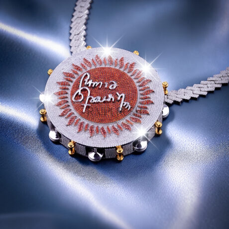 Massive custom hip-hop spinning medallion pendant shaped like a tambourine, crafted in 925 sterling silver with orange and white moissanite diamonds, featuring movable jingles and a customized script center.