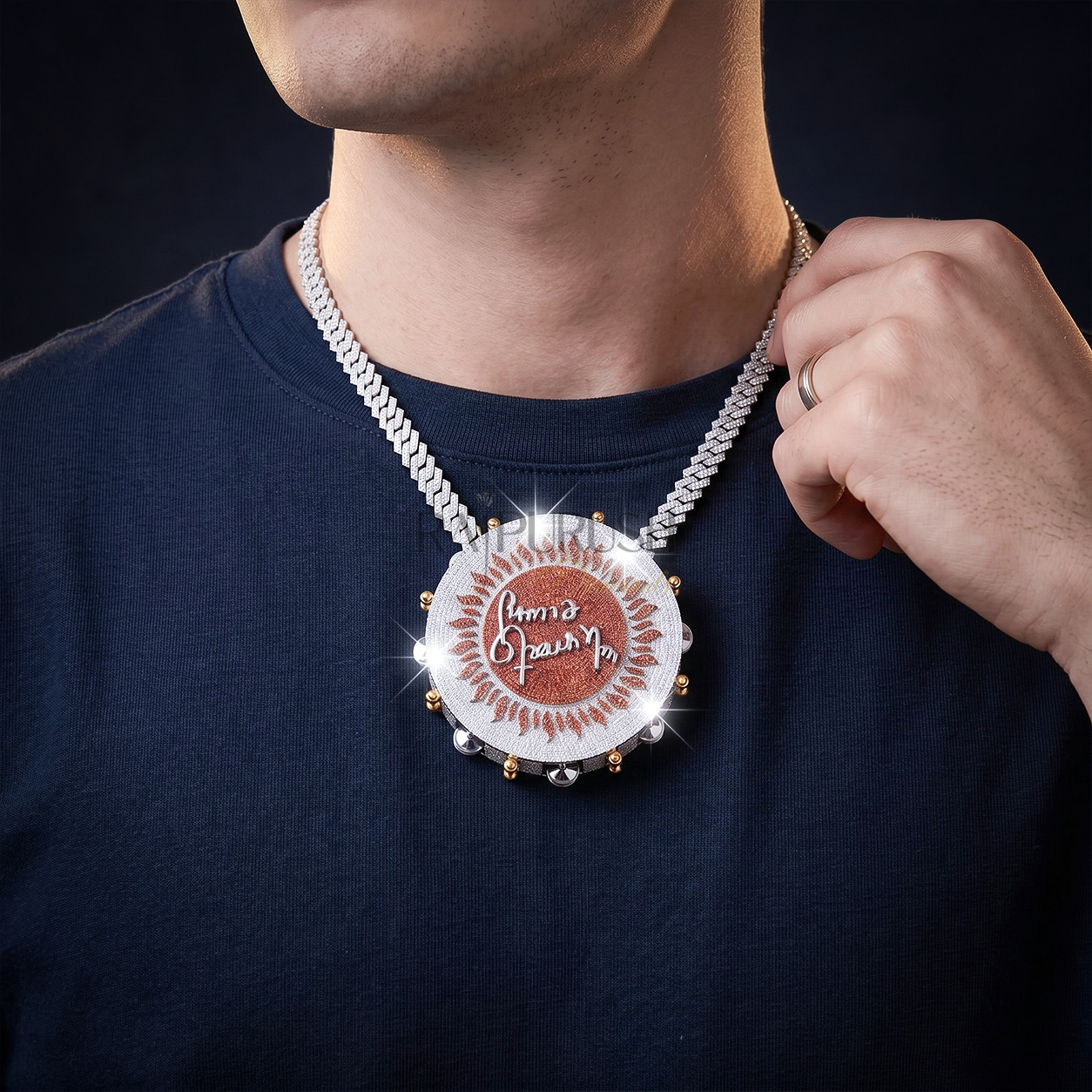 Massive custom hip-hop spinning medallion pendant shaped like a tambourine, crafted in 925 sterling silver with orange and white moissanite diamonds, featuring movable jingles and a customized script center.