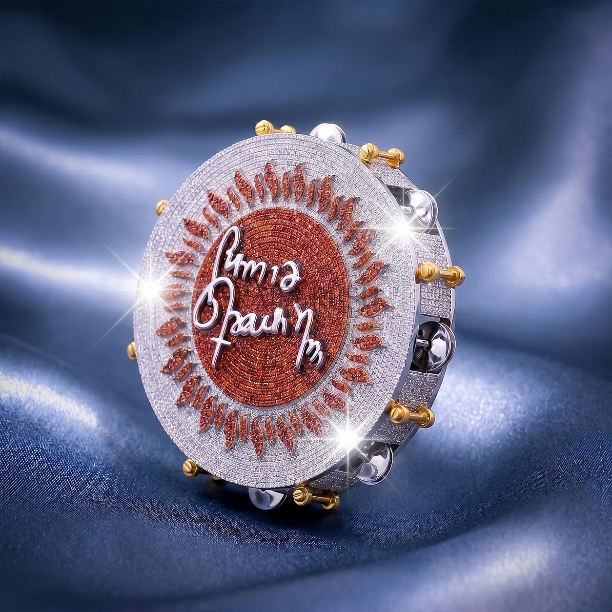 Massive custom hip-hop spinning medallion pendant shaped like a tambourine, crafted in 925 sterling silver with orange and white moissanite diamonds, featuring movable jingles and a customized script center.