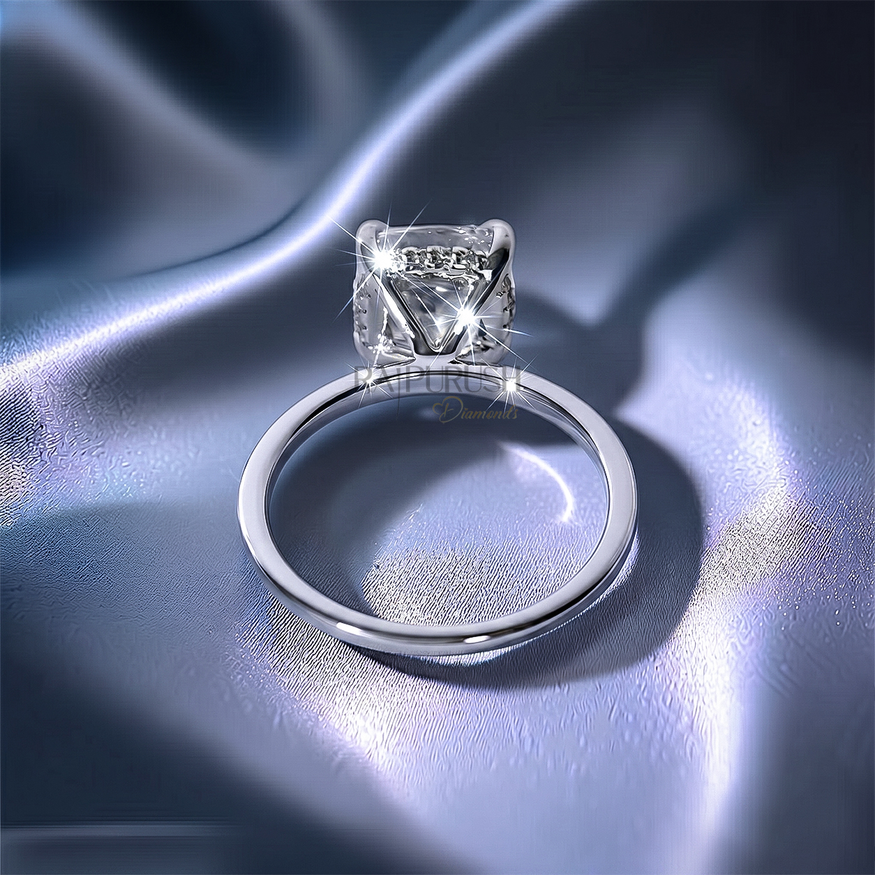 Elegant cushion-cut moissanite solitaire engagement ring in 925 sterling silver featuring a hidden halo basket