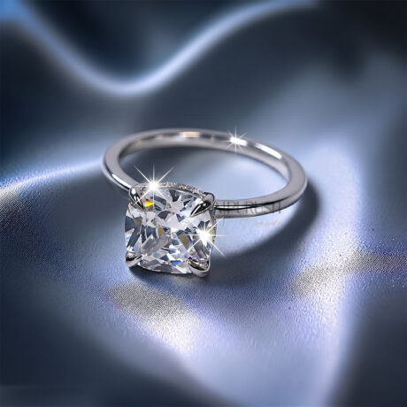 Elegant cushion-cut moissanite solitaire engagement ring in 925 sterling silver featuring a hidden halo basket