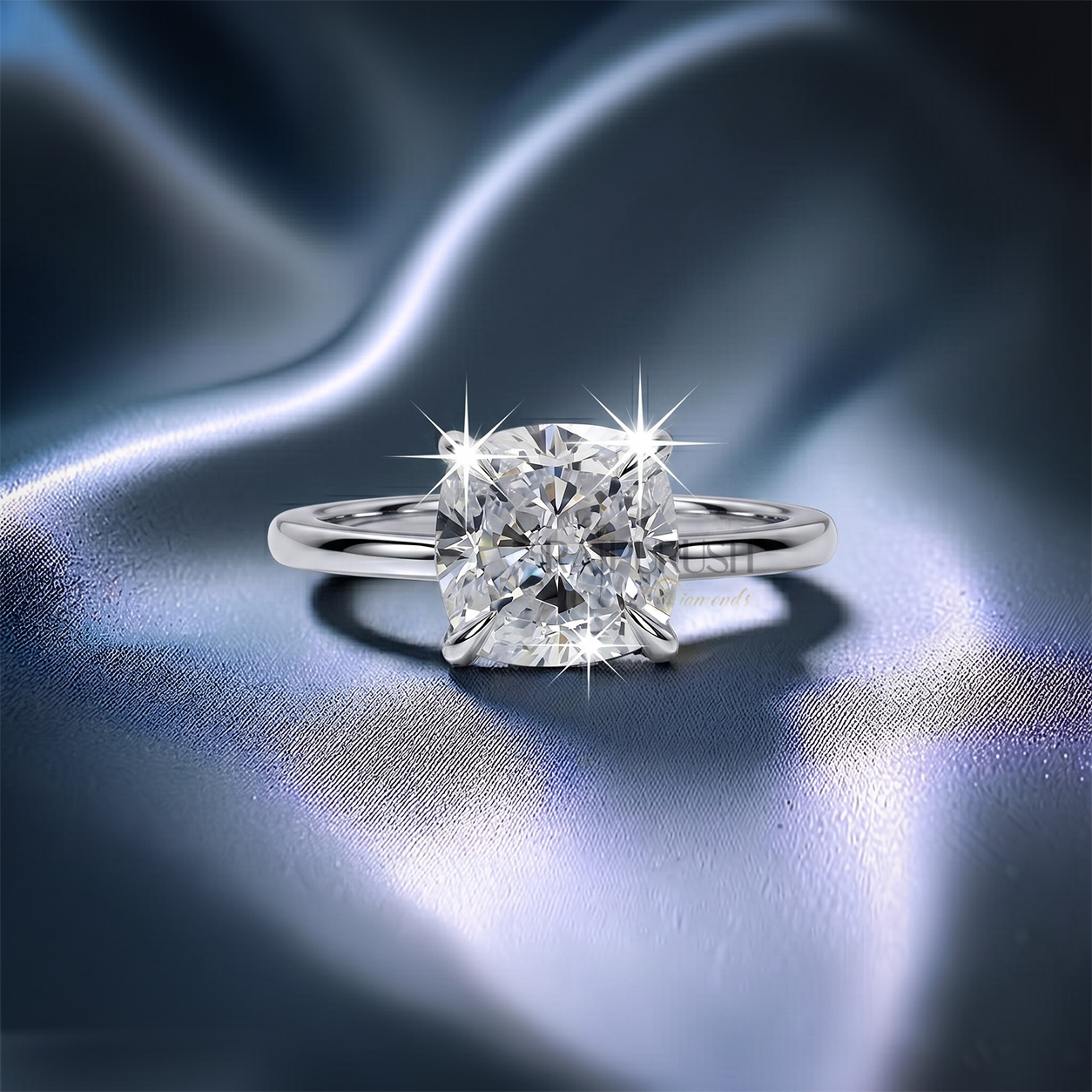 Elegant cushion-cut moissanite solitaire engagement ring in 925 sterling silver featuring a hidden halo basket