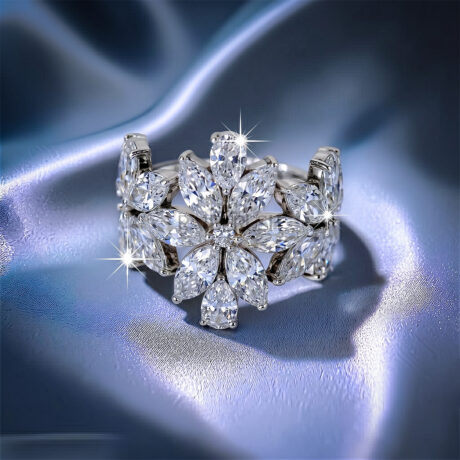 Unique multi-shape cluster wedding band in 925 sterling silver showcasing an asymmetric scattered layout of round, pear, and marquise-cut moissanite diamonds.