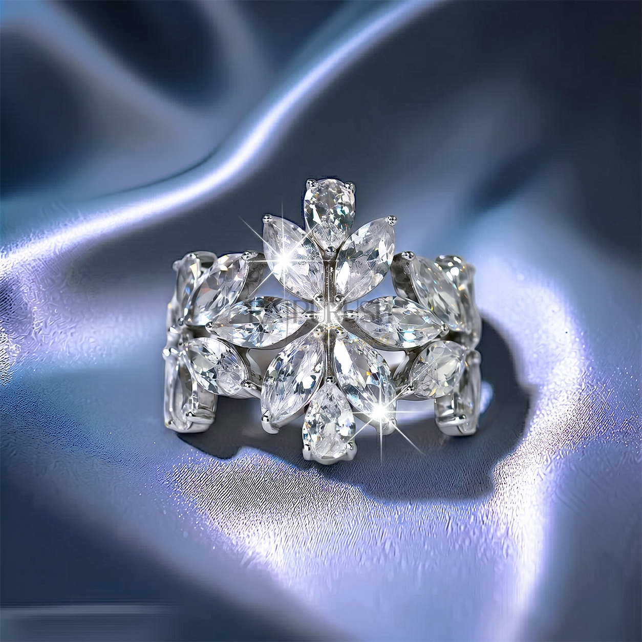 Unique multi-shape cluster wedding band in 925 sterling silver showcasing an asymmetric scattered layout of round, pear, and marquise-cut moissanite diamonds.