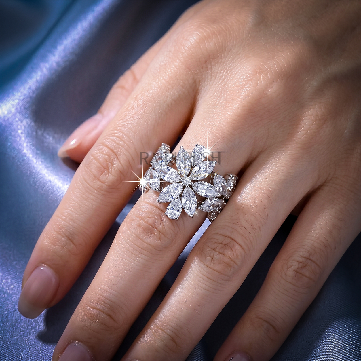 Unique multi-shape cluster wedding band in 925 sterling silver showcasing an asymmetric scattered layout of round, pear, and marquise-cut moissanite diamonds.