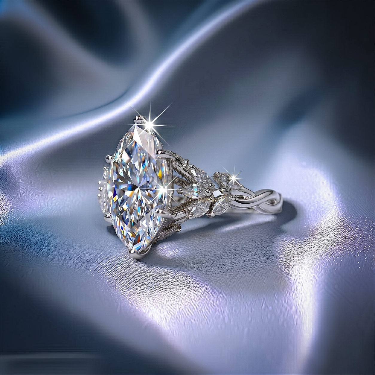 Modern 925 sterling silver engagement ring featuring a horizontally set marquise cut moissanite diamond solitaire on an ultra-dainty high-polish band.