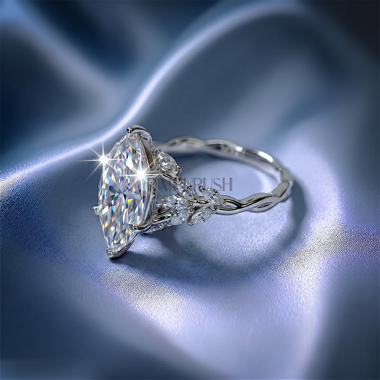 Modern 925 sterling silver engagement ring featuring a horizontally set marquise cut moissanite diamond solitaire on an ultra-dainty high-polish band.