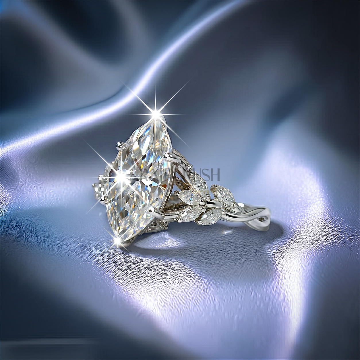 Modern 925 sterling silver engagement ring featuring a horizontally set marquise cut moissanite diamond solitaire on an ultra-dainty high-polish band.