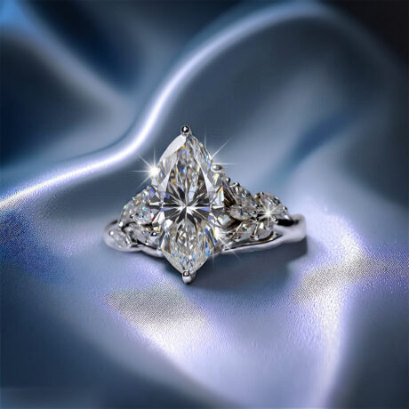 Modern 925 sterling silver engagement ring featuring a horizontally set marquise cut moissanite diamond solitaire on an ultra-dainty high-polish band.