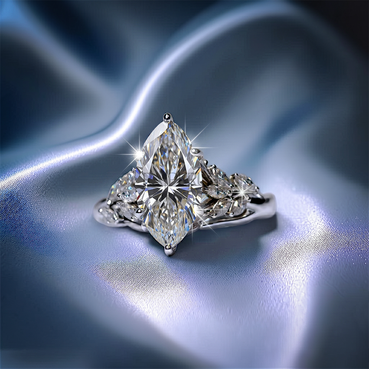Modern 925 sterling silver engagement ring featuring a horizontally set marquise cut moissanite diamond solitaire on an ultra-dainty high-polish band.
