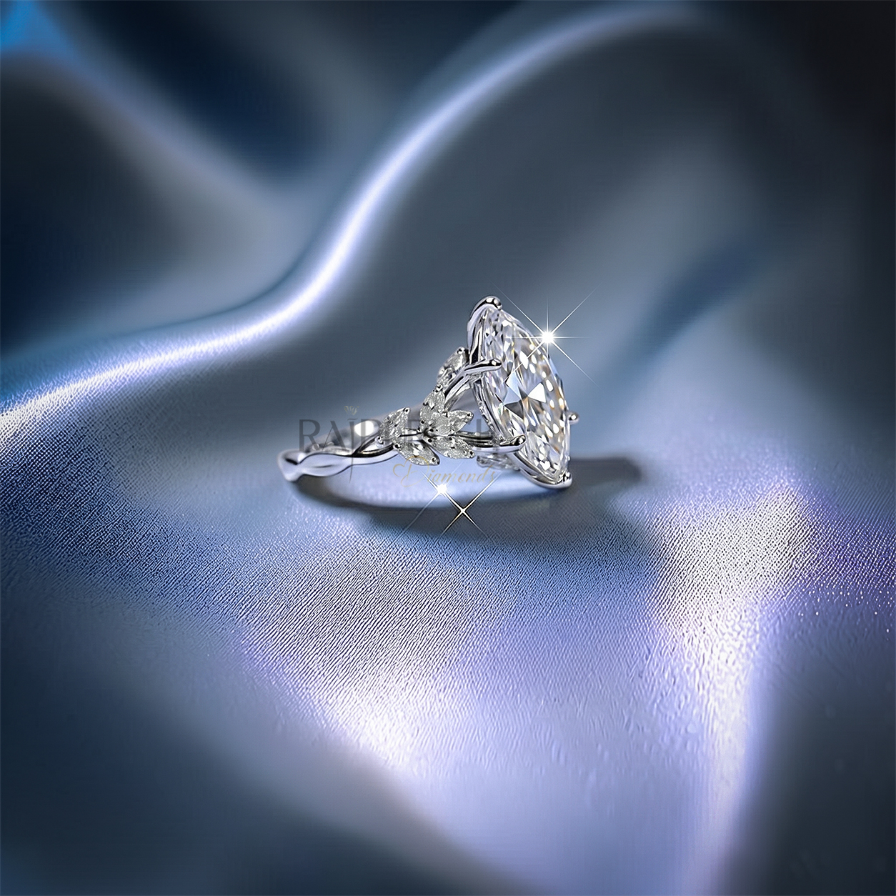 Modern 925 sterling silver engagement ring featuring a horizontally set marquise cut moissanite diamond solitaire on an ultra-dainty high-polish band.