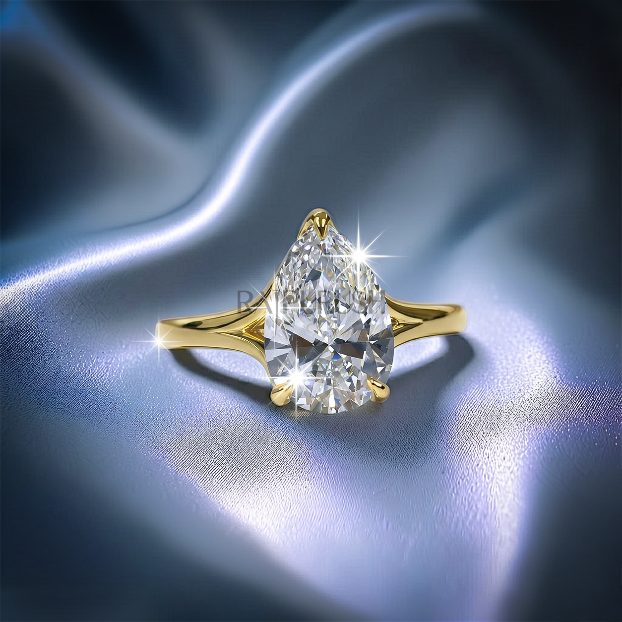 1 carat pear cut solitaire engagement ring in 14k yellow gold plated sterling silver, Side profile of a 1ct teardrop diamond simulant wedding ring showcasing a split shank cathedral setting. Under-gallery view of a gold plated pear cut solitaire ring showing the elegant open basket framework.