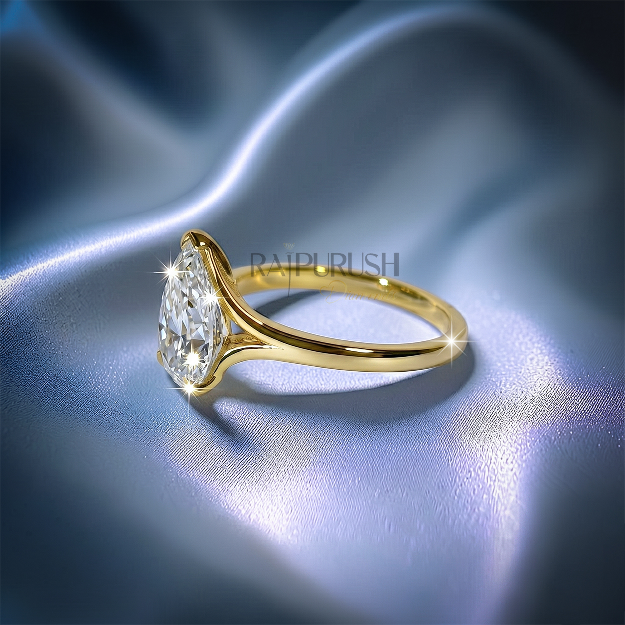 1 carat pear cut solitaire engagement ring in 14k yellow gold plated sterling silver, Side profile of a 1ct teardrop diamond simulant wedding ring showcasing a split shank cathedral setting. Under-gallery view of a gold plated pear cut solitaire ring showing the elegant open basket framework.