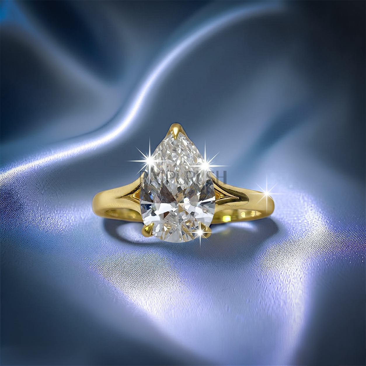 1 carat pear cut solitaire engagement ring in 14k yellow gold plated sterling silver, Side profile of a 1ct teardrop diamond simulant wedding ring showcasing a split shank cathedral setting. Under-gallery view of a gold plated pear cut solitaire ring showing the elegant open basket framework.