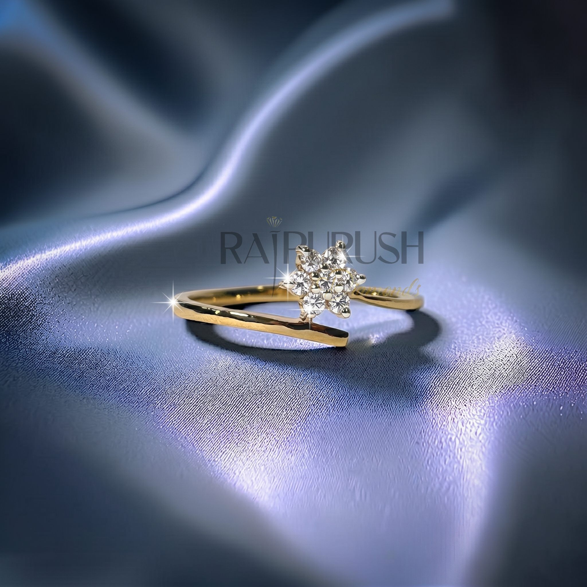 Dainty floral cluster ring featuring sparkling Moissanite stones set in 14k yellow gold plated 925 sterling silver