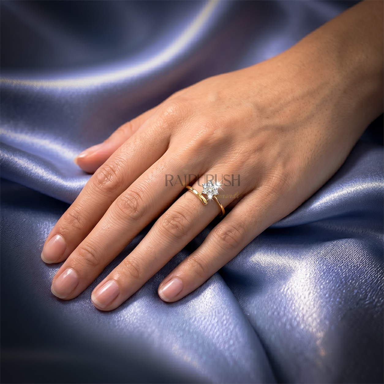 Dainty floral cluster ring featuring sparkling Moissanite stones set in 14k yellow gold plated 925 sterling silver