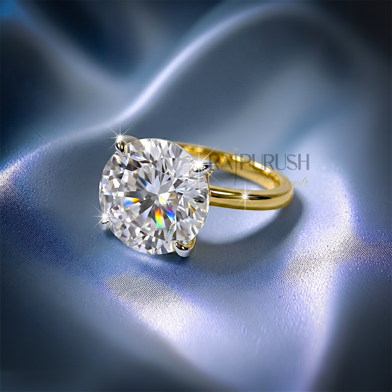 5 Carat round cut moissanite solitaire engagement ring with hidden halo detail in 14k gold plated silver